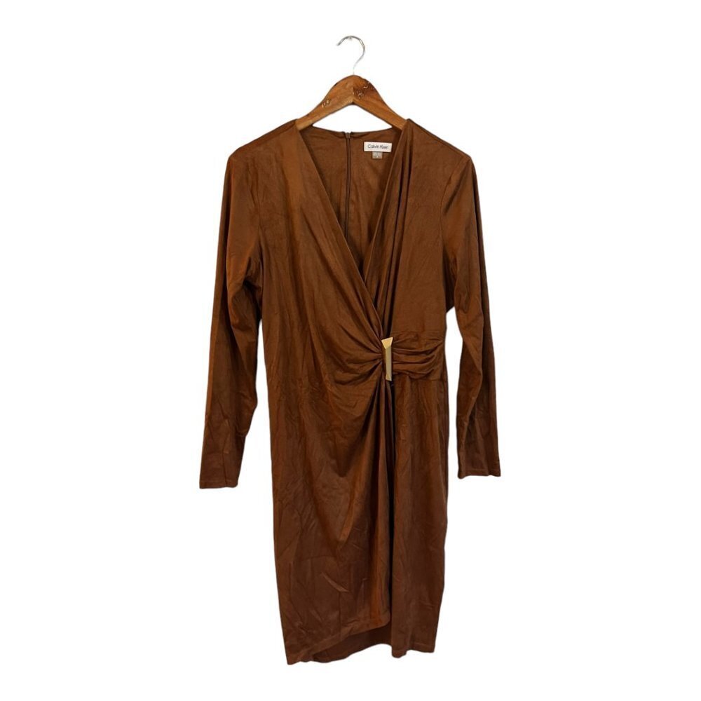 Calvin Klein Faux Suede Long Sleeve Ruched Dress Side Tab Brown Size 14